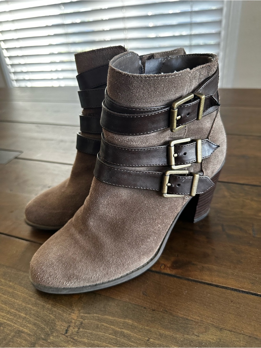 INC International Concepts Taupe Suede Ankle Boots with Dark Brown Buckle Straps